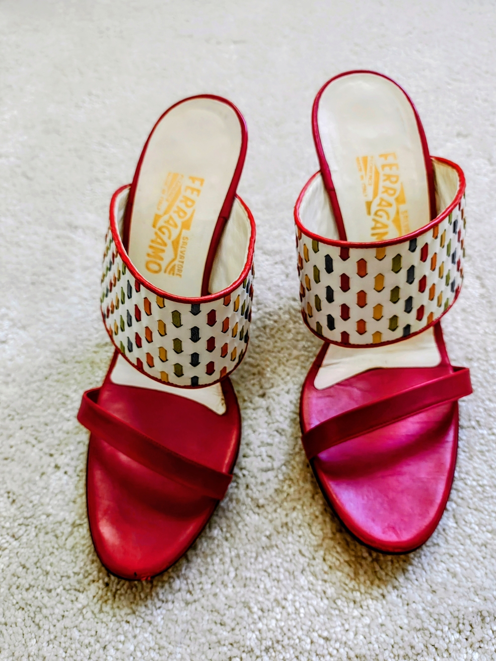 Salvatore Ferragamo Red Leather Slide Sandals with Multicolor Geometric Strap